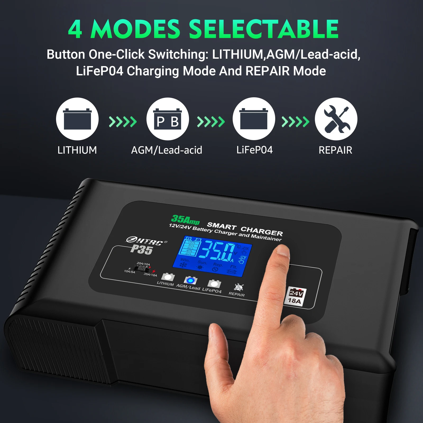 35A 12V-24V Battery Charger LCD Display for ATV Truck Lithium/LiFePO4/Lead-Acid/