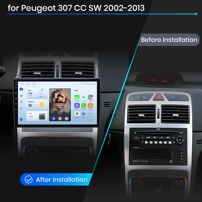 Radio para coche Junsun con CarPlay inalámbrico y Android Auto para Peugeot 307 (Hatchback/SW/CC) 2001-2008, ventilador de refrigeración integrado, navegación GPS Android, reproductor multimedia, WiFi, DSP, RDS, BT, SWC, pantalla táctil IPS, autorradio, reproductor de vídeo, unidad principal estéreo. 2