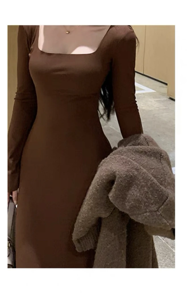 Vestidos largos de moda de otoño para mujer, mangas largas, cuello cuadrado, estilo coreano, corte entallado, sirena, elegantes, básicos, lisos, nuevos