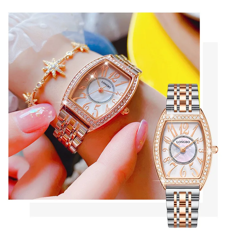 LONGBO Tonneau Women Quartz Rose Gold Luxury Brand Watches 2023 Stainless Steel Ladies Watches Female Clock Top Elegant