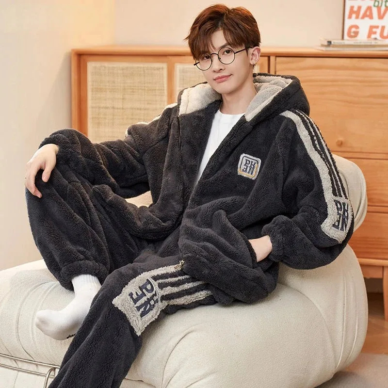2024 New Pajamas Men's Autumn Winter Coral Fleece Loungewear Set Flannel Teen Boys Fleece Thickened Stand Collar Warm Sleepwear