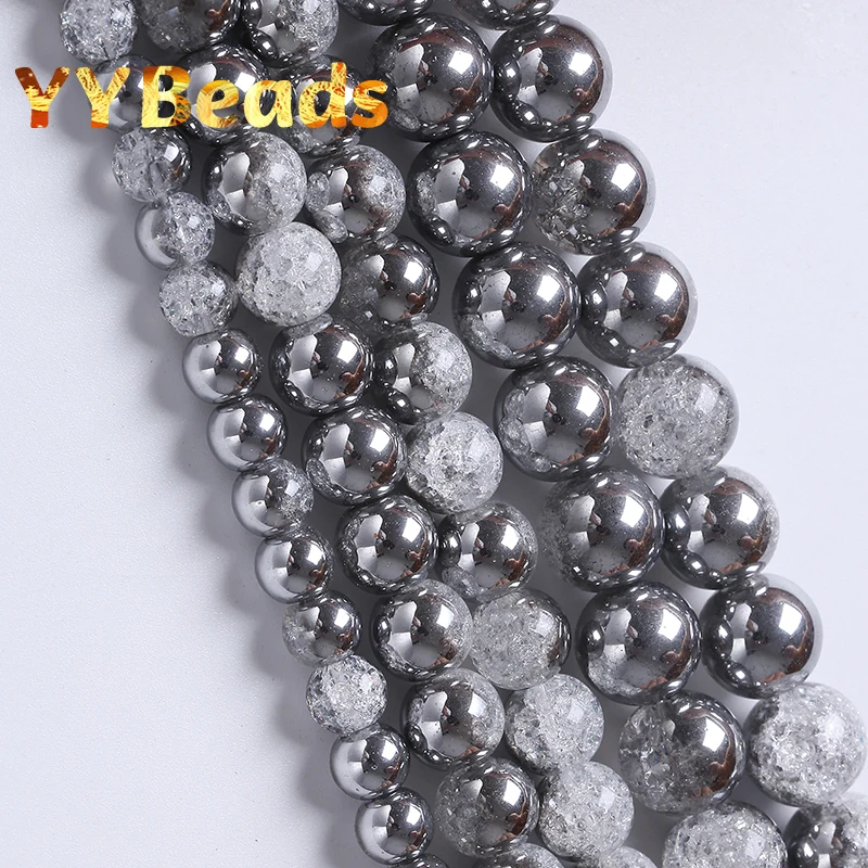 

White Sliver Color Glass Beads For Jewelry Making Natural Stone Quartz Cracked Round Beads Diy Bracelet Handmade 6 8 10 12mm 15"