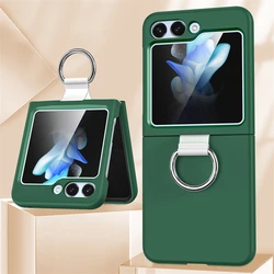 Solid Color Matte Clear Folding Case with Finger Ring Buckle - Shockproof Cover - Samsung Z Flip 3 (Dark Green)