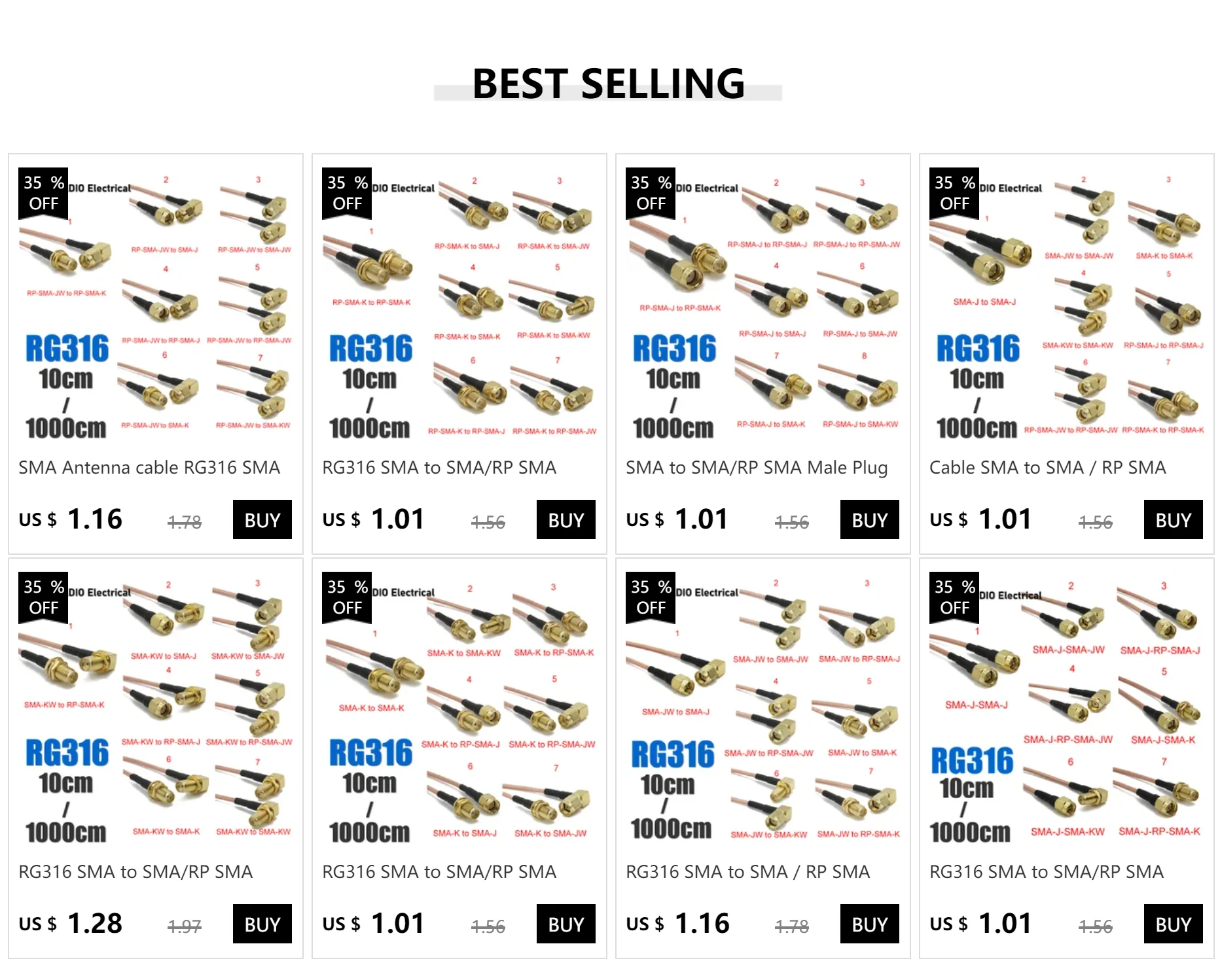 Description Picture 2 of itemRG316 SMA to SMA/RP SMA Male plug & Female jack Straight & Right Angle Connector RF Coaxial Jumper Pigtail Cable Wire Terminals