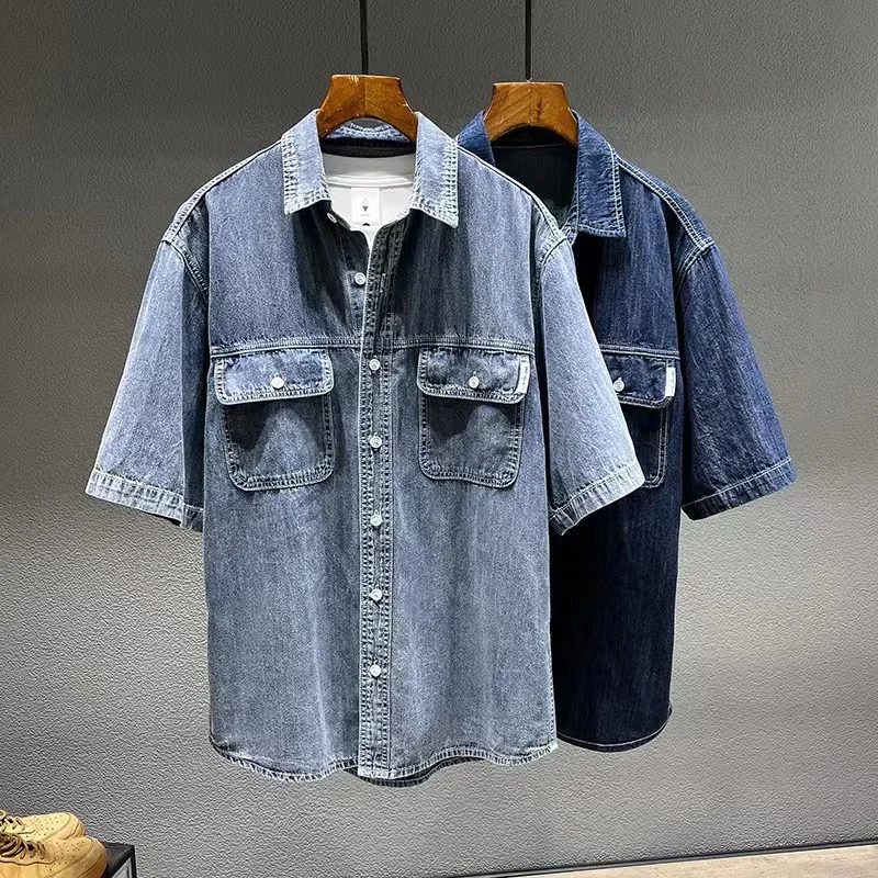 Denim Shirt Men's Summer Denim Short-sleeved Retro Large Size Tooling Loose Casual Tops All-match 7XL 8XL denim shirt
