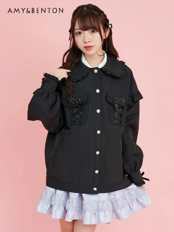 

Japanese Sweet Cute Doll Collar Cross Lace-up Pocket Single-Breasted Coat Mine Mass-Produced Loose All-Match Student Jackets
