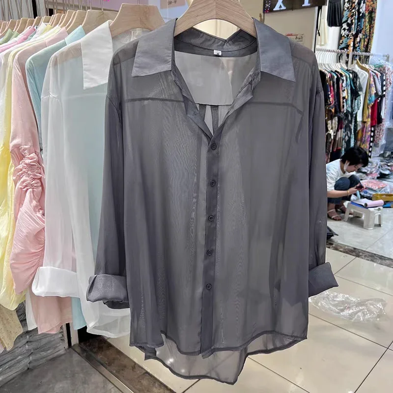 

Korean Fashion Women Blouse Tops New Summer Thin Long Sleeve Chiffon Shirt Holiday Sun Protection Shirt Loose Clothes 27714