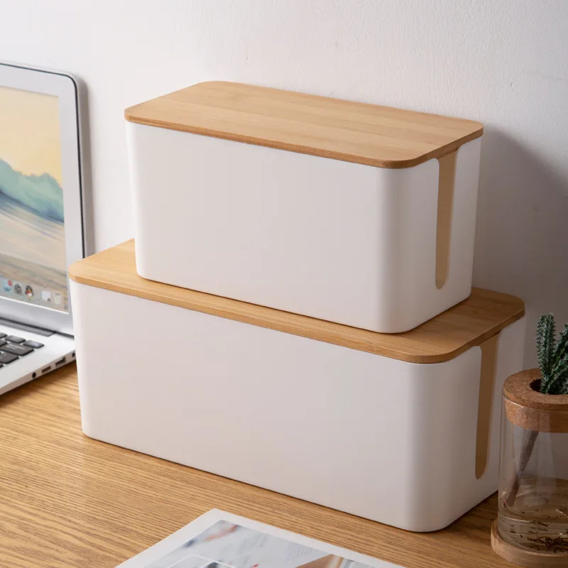 Bamboo Wood Cover Simple Wire Box Cable Management Box Plug Board Storage Box Power Cord Charger Storage 3
