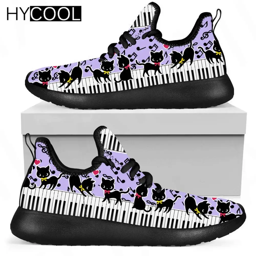 

Кроссовки HYCOOL женские сетчатые, Дышащие Беговые сникерсы с музыкальным рисунком кошек, плоская подошва, модная дышащая обувь