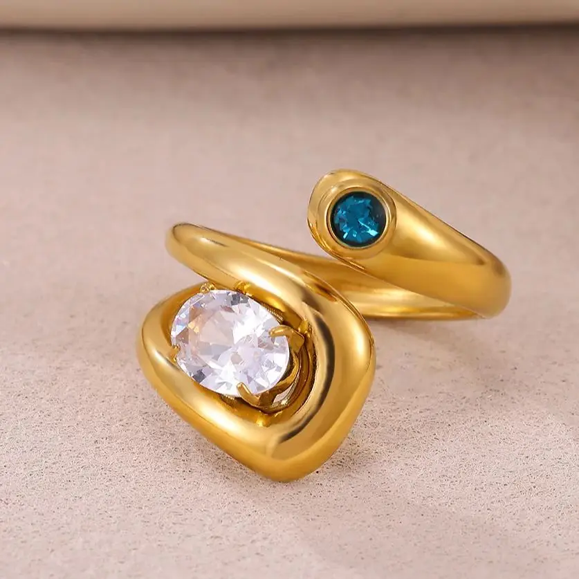 Zircon Snake-Shape Rings 18K Gold Plated Stainless Steel Geometric for Women