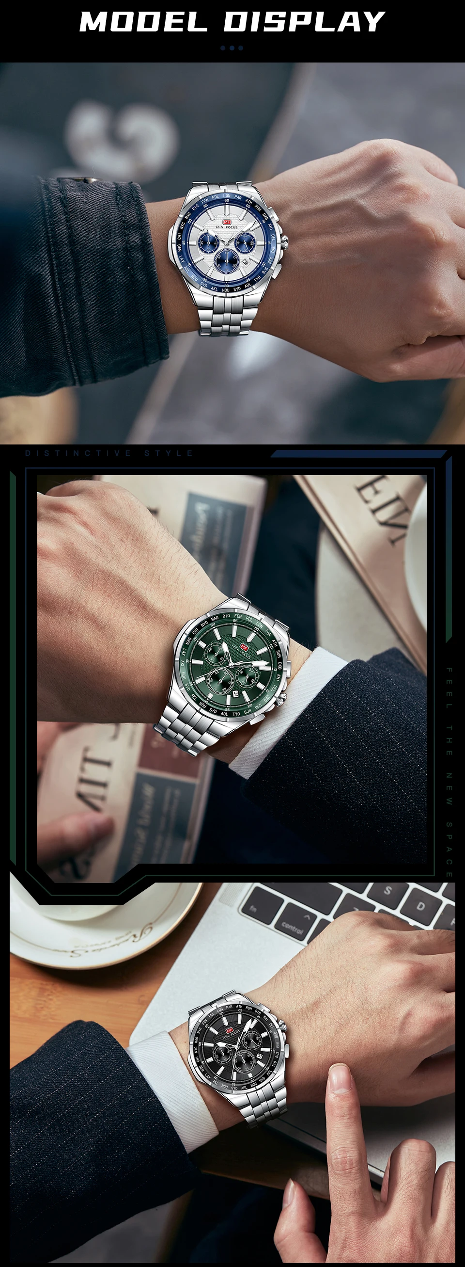 MINI FOCUS Orologio sportivo al quarzo da uomo, multifunzione, con piccoli quadranti, cinturino in acciaio inossidabile, orologi da uomo d'affari, nuovo 0613G_voghion.com