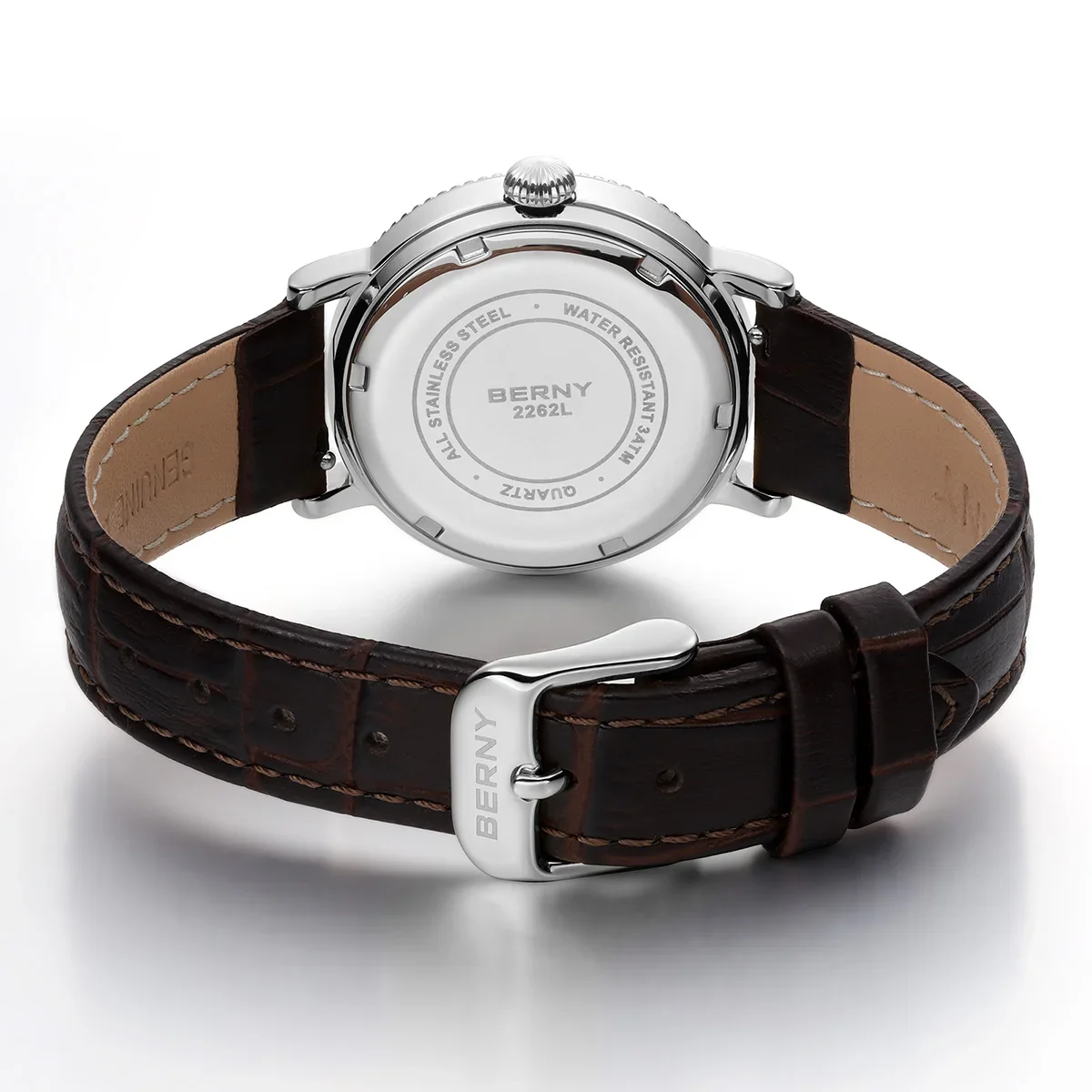 BERNY Women's Watches Luxury Business Dress Watch Moon Phase Elegant Quartz Ladies Wrist Watches Leather Band Stainless Steel