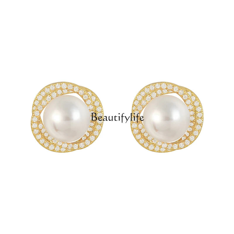 

Spiral Pearl Stud Earrings Women's Niche High-Grade Earrings Sterling Silver Light Luxury Earrings