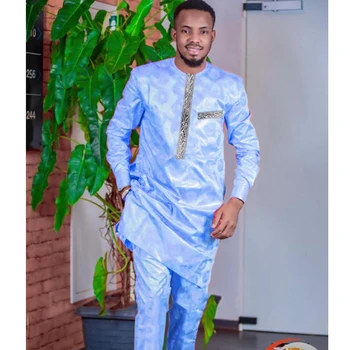 African Clothes For Men Traditional Bazin Riche Embroidery Design Top Long Sleeve 2Piece Set For Wedding Clothing Men Basin