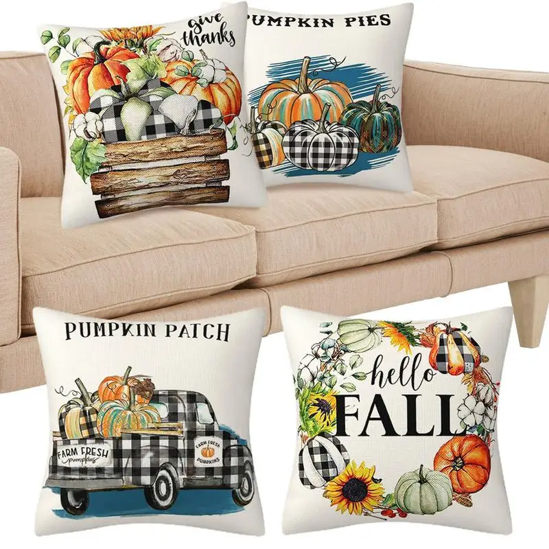 

Autumn Pillowcase 4pcs Linen Bedroom Harvest Throw Pillow Cover Maple Leaves And Buffalo Check Throw Cushion Covers For