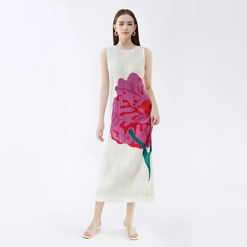 

COZOK New 2024 Trendy Casual Style Women Dress Flower Printed Sleeveless Round Neck Pleated A-line Dresses Female WT580