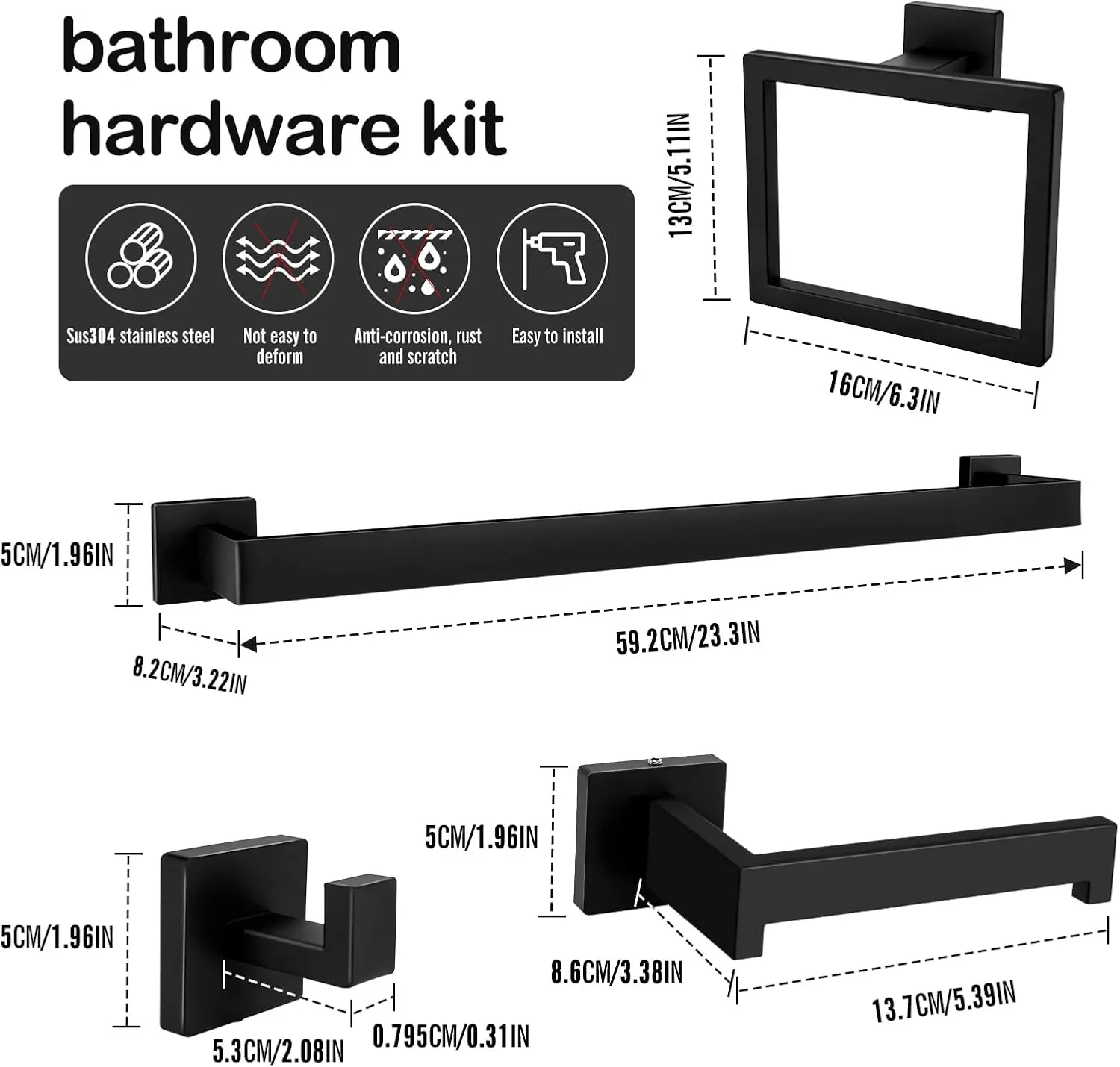 15-Pcs Matte Black Bathroom Set. 23.3" Towel Bar, Rack, Square Bar. SUS304 Stainless Steel. Heavy Duty, Wall-Mounted.
