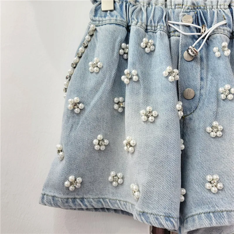 High Waist Slim Wide-Leg Denim Shorts for Women 2024 Summer New Heavy-Duty Diamond-Embedded Beaded Elastic Waist Short Jeans