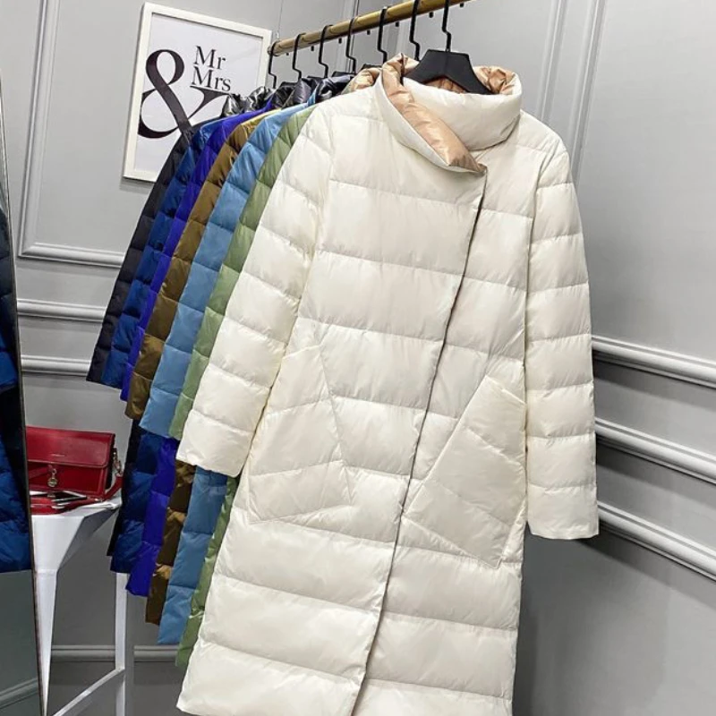 2023 New Women Down Jacket Winter Coat Female Mid-length Below Knees Parkas Thin Two Sided Loose Outwear Slim Simple Overcoat