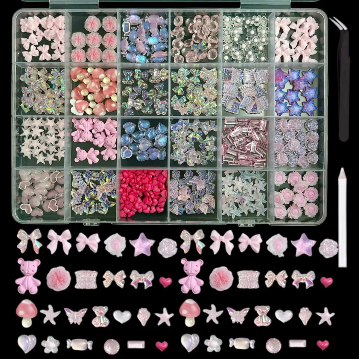 1Box Multi-Style Colorful Resin Bear Bow Flower Nail Charms Alloy Butterfly Cherry Simulated Pearl Nail Art Accessories for DIY 2