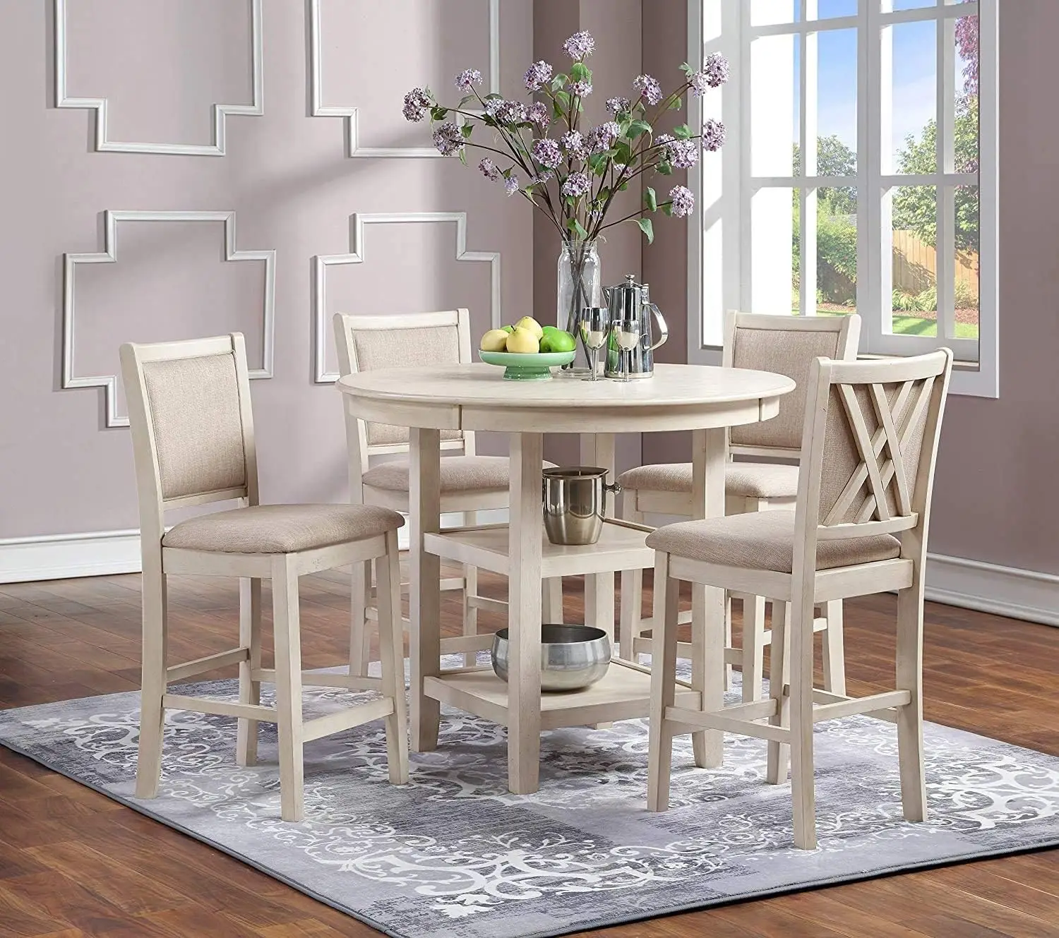 5-Piece Counter Dining Table Set Dining set includes 1 solid wood table with 1 storage shelf and 4 solid wood chairs