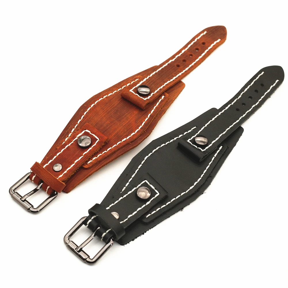 Handmade Stitched Watchband Punk Vintage Brown Black Red Genuine Leather Belt Watch Strap Men Bracelet Jewelry