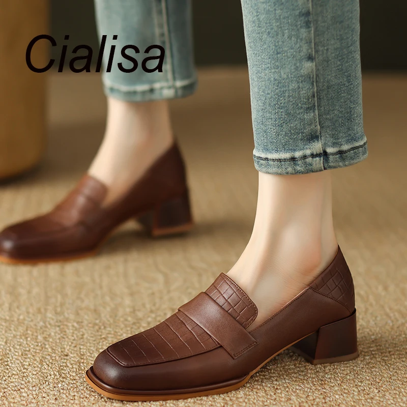 

Cialisa 2023 Newest Shoes Women Autumn Vintage Loafers Brown Genuine Leather Square Toe Mid Heels Handmade Casual Lady Footwear