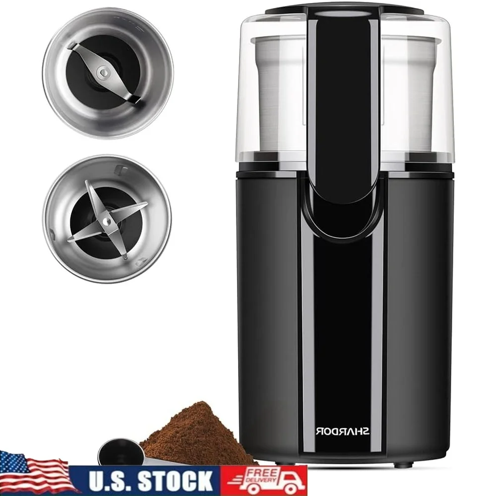 Electric Coffee Grinder Spice Herb Grinder High Efficiency Stainless Steel Blade Removable Grinding Cups Includes Coffee Spoon