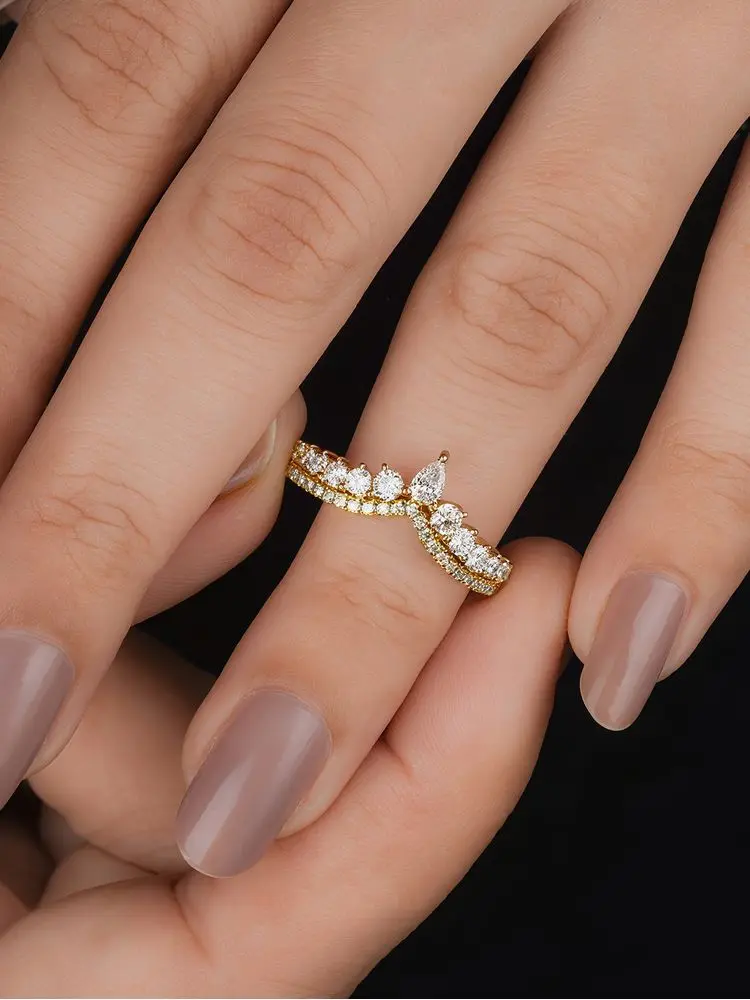 خاتم تاج فضة 925 مطلي باللون الذهبي