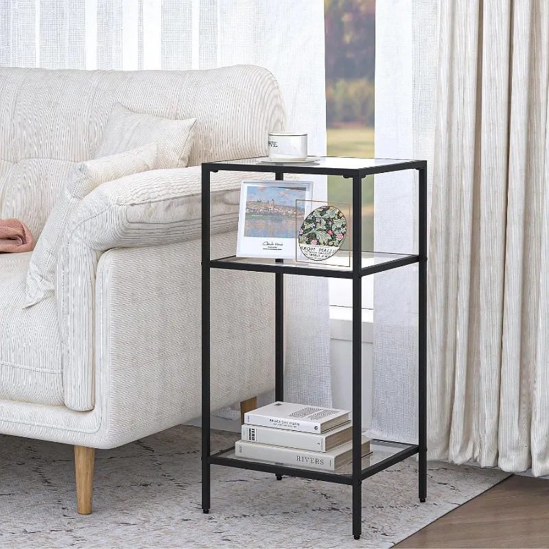 3-Tier Side Table, Set of 2 End Tables with Tempered Glass, Nightstands with Storage Shelves, Slim Sofa Table for Living Room, 6