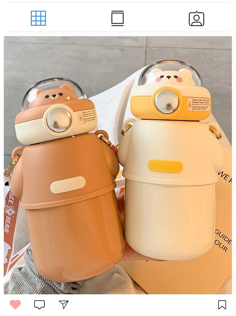 

490ML Cute Aerospace Bear Children's Insulation Cup 316 Food Grade Stainless Steel Water Cup Girls' Portable Student Straw Cup