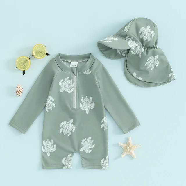 Maillot de bain à manches longues pour bébé garçon, avec bonnet de bain, imprimé tortue/dinosaure 1