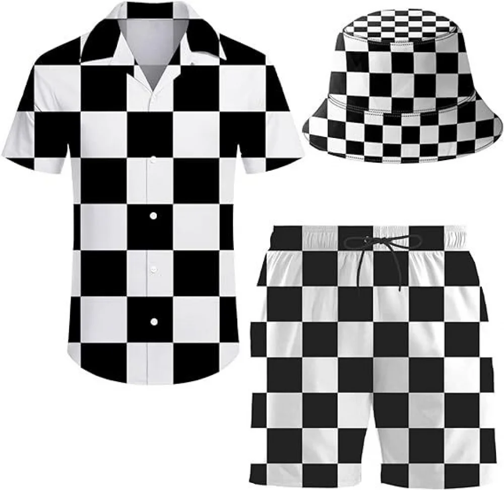 thumbnail image 1 of Conjunto de 2 piezas para hombre, estilo años 80 y 90, camisas y pantalones cortos retro con sombrero, chándal hawaiano para playa, fiesta disco, 1 of 5