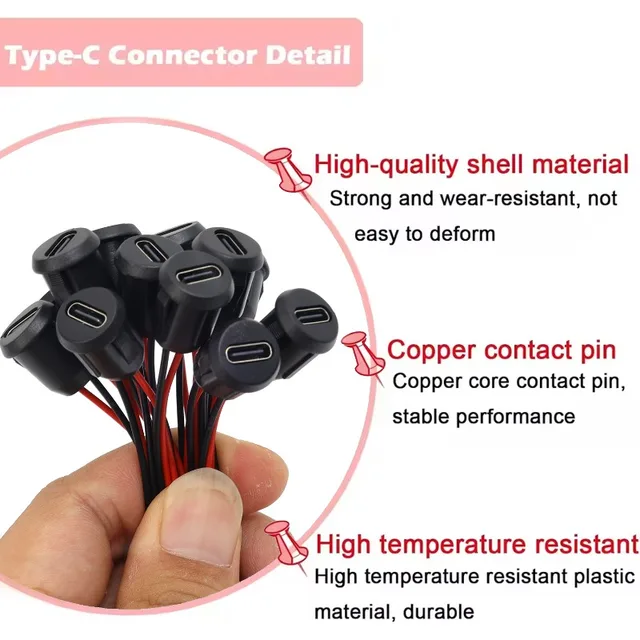 2Pin USB C Female Connector Waterproof Type-C Socket Jack 3A Fast Charge Power Pigtail Cable for Car Auto Panel Mount DIY Port 3