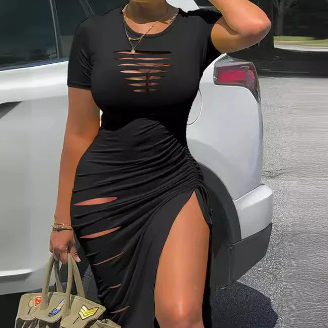 

Sexy Burnished Drawstring Round Neck Short-sleeved Slit Slit Pleated Hip Wrap Dress