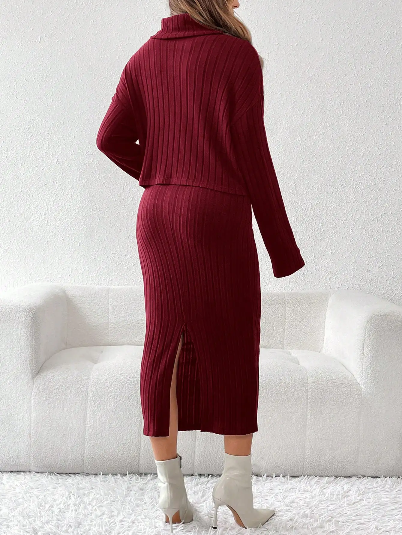 Red autumn and winter knit high elastic high neck hoodie, split skirt elegant casual maternity two-piece set