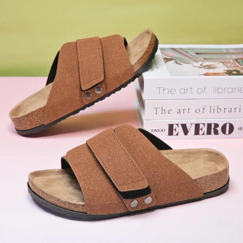 Cork Slippers Men Summer Beach Slides Suede Leather Womens Flat Sandals Fashionable Outdoor Male Mules Non Slip