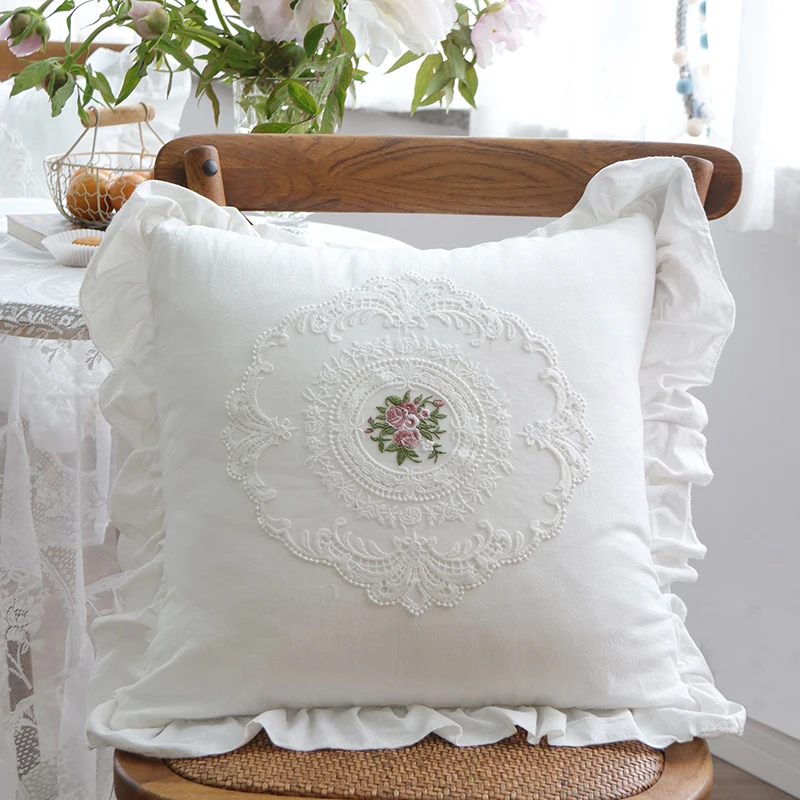 

French Lace Throw Pillowcase Embroidered Cushion Cover Princess Ruffled Lace Cotton Pillow Cover Backrest Lumbar Pillow Case