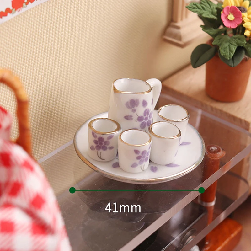 

1Set 1:12 Dollhouse Miniature Tea Set Porcelain Tea Mugs Jugs Cups Set with Tray Dining Ware Model Home Decor Toy