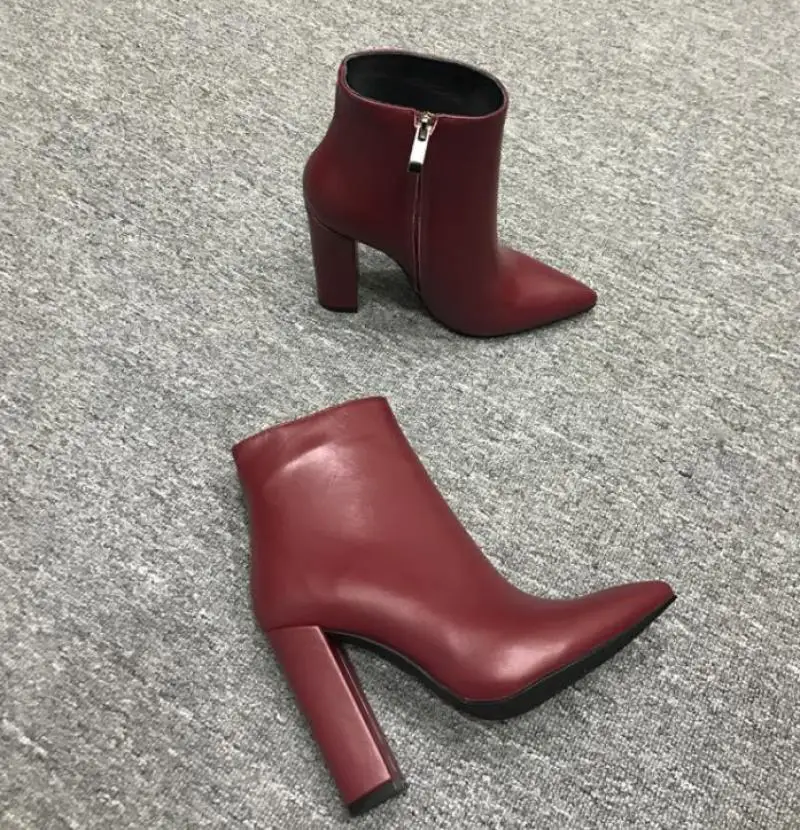 Fall Winter Custom Black Cow Leather Ankle Boots Women Pointed Toe Thick Heels Full Leather High Heel Ladies Bota