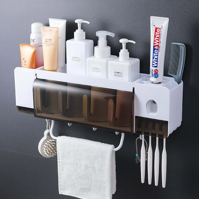 Toothbrush Holder Toothpaste Automatic Dispenser Bathroom Toiletries Storage Rack Clamshell Cup Rack Shelf Towel Bar Hook