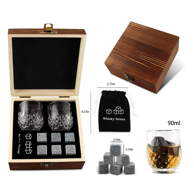 Whiskey Glass Set with 6 Pcs Whiskey Bourbon Chilling Stones in Wooden Box Father's Day Christmas Birthday Anniversary Present f