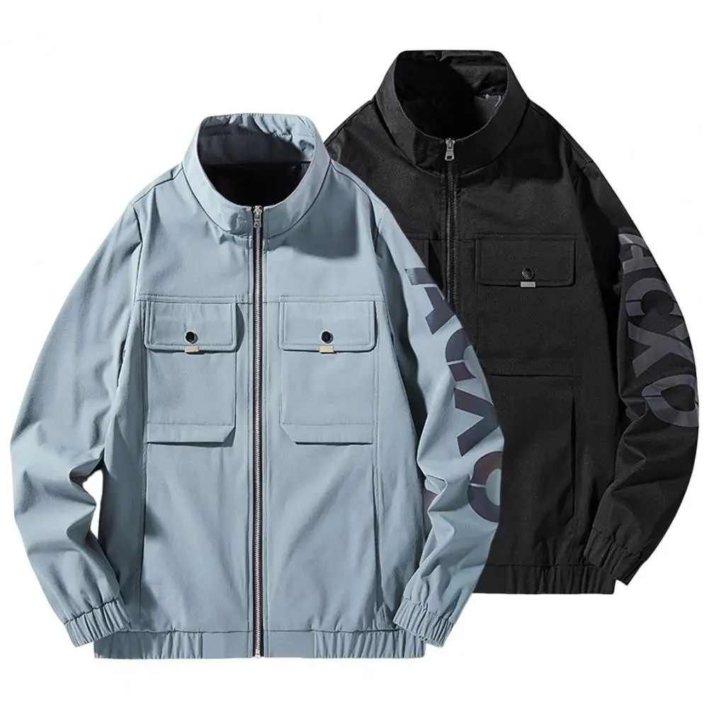 

Men Spring Jacket Stand Collar Loose Pockets Elastic Cuff Keep Warm Long Sleeves Plus Size Zipper Men Coat Men Garment