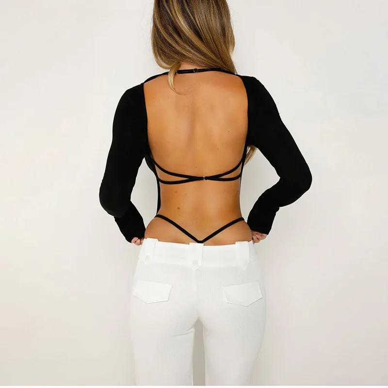 One-Pieces Lenceria Femenina Bandage Body Feminino Backless Tops For Women Rave Outfit Long Sleeve Black Sexy Bodysuit Lingerie