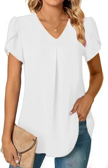 Elegantes Damen Top Bluse Blume 2024 Sommermode Einfachheit Kurzarm Solide V-Ausschnitt Pendler Büro Weibliches Hemd S-XXL