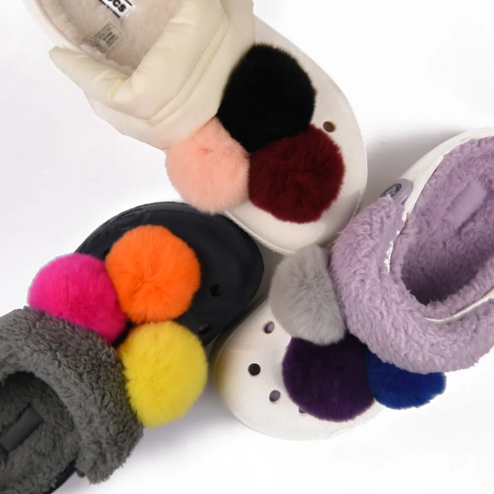 Single Sale Real Fur Pompom Fluffy Shoe Charms Multi-color Plush Ball Shoes Accessories Boys Girls Garden Sandals Decorations
