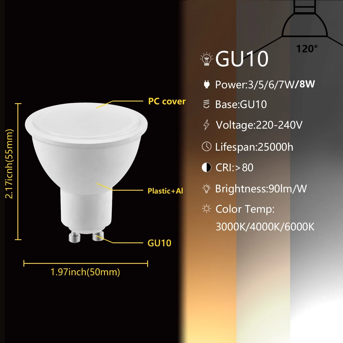 10PCS/LOT Spot Gu10 GU5.3 Spotlight AC220V 3W-8W 3000K/4000K/6000K S8d7a27cc2cca47fc98491f6b8da561f9j