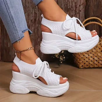 New Summer Fashion Comfortable Round-toe Wedge Light Roman Sandals Non-slip Thick-soled Lace-up Casual Sneakers for Women 1