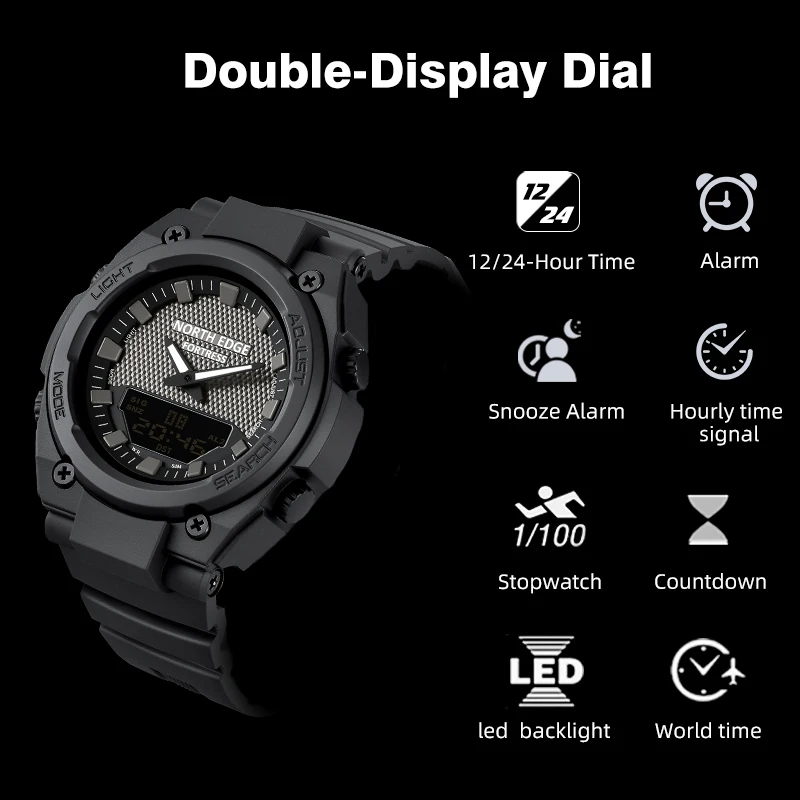 NORTH EDGE FORTRESS Men's Waterproof Sports Digital Watch with Stopwatch and World Time Function