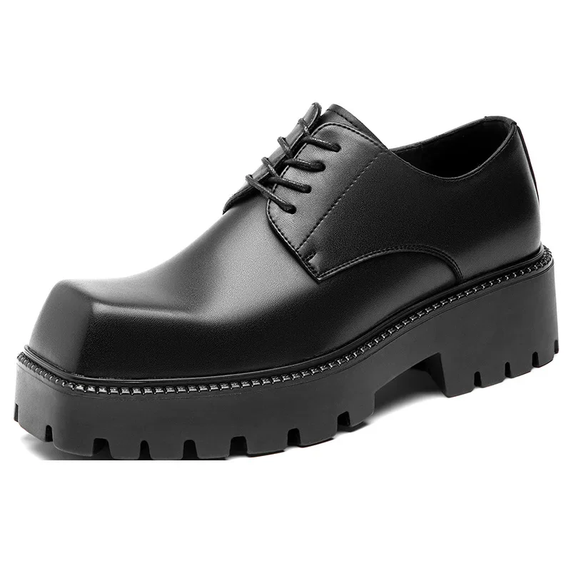 

New Designer Genuine Leather Men's Shoes Fashion Casual Spring Autumn Business Leisure Square Head Platform Black Dress Shoe Men